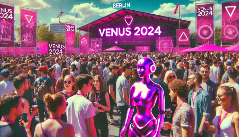 DALL·E 2024-11-07 20.32.28 - Create a vibrant image capturing the energetic atmosphere of the Venus 2024 event in Berlin with a predominant magenta color scheme